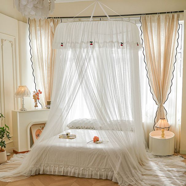 Round Hanging Canopy Mosquito Net, Lace Princess Bed Canopy With No-Drill Adhesive Hooks, Dome Net For Single/Double/King Bed_maomaolike.com