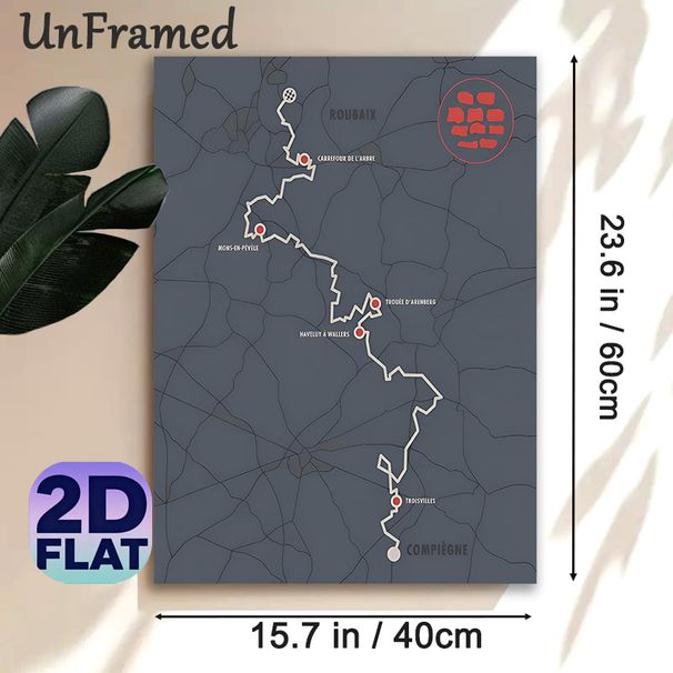 Paris-Roubaix Cycling Route Painting Poster, Minimalist Dark-toned Map With Red Highlights Poster, Clearly Presents Key Race Sections, Ideal For_maomaolike.com