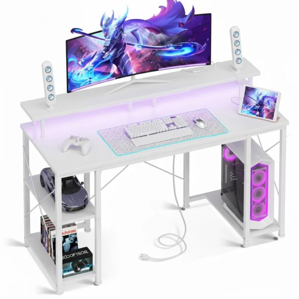 48-inch Gaming Table, Equipped With LED Lighting And Power Socket, Featuring Monitor Stand, Application Control Device And Headphone Hook_maomaolike.com