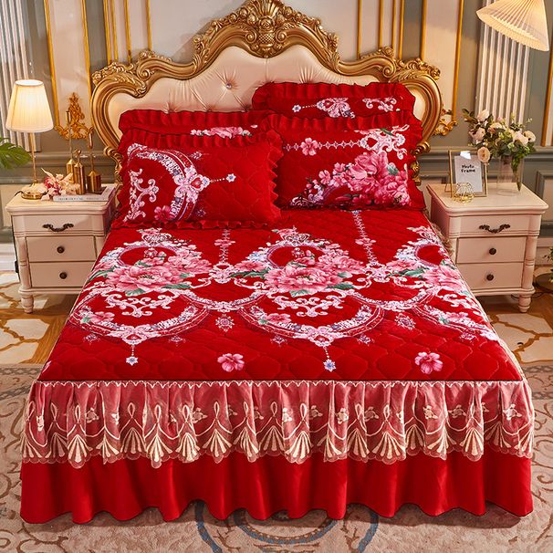 European Princess Lace Quilted Crystal Single Piece Thickened Warm Milk Velvet Bed Cover Bedspread Skirt Style 1.8m_maomaolike.com