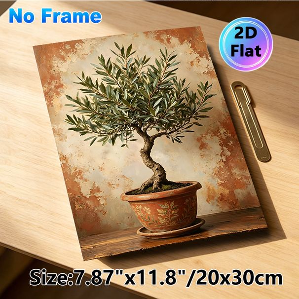 Olive Bonsai Painting Poster, Oil-painting Style Textured Potted Olive Tree Poster, Calming Natural Decor Ideal For Living Room, Dining Area_maomaolike.com
