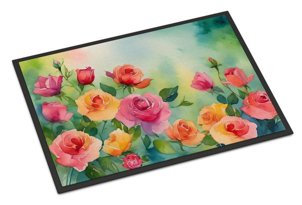 Roses In Watercolor Doormat Front Door Mat Indoor Outdoor Rugs For Entryway, Non Slip Washable Low Pile, 24H X 36W_maomaolike.com