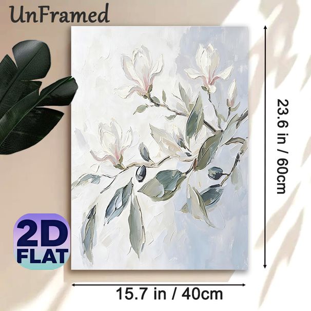 Magnolia Themed Painting Poster, Soft-toned Impasto Floral Poster, Elegant Blooming Magnolia Artwork Ideal For Living Room, Bedroom And Dining Area_maomaolike.com