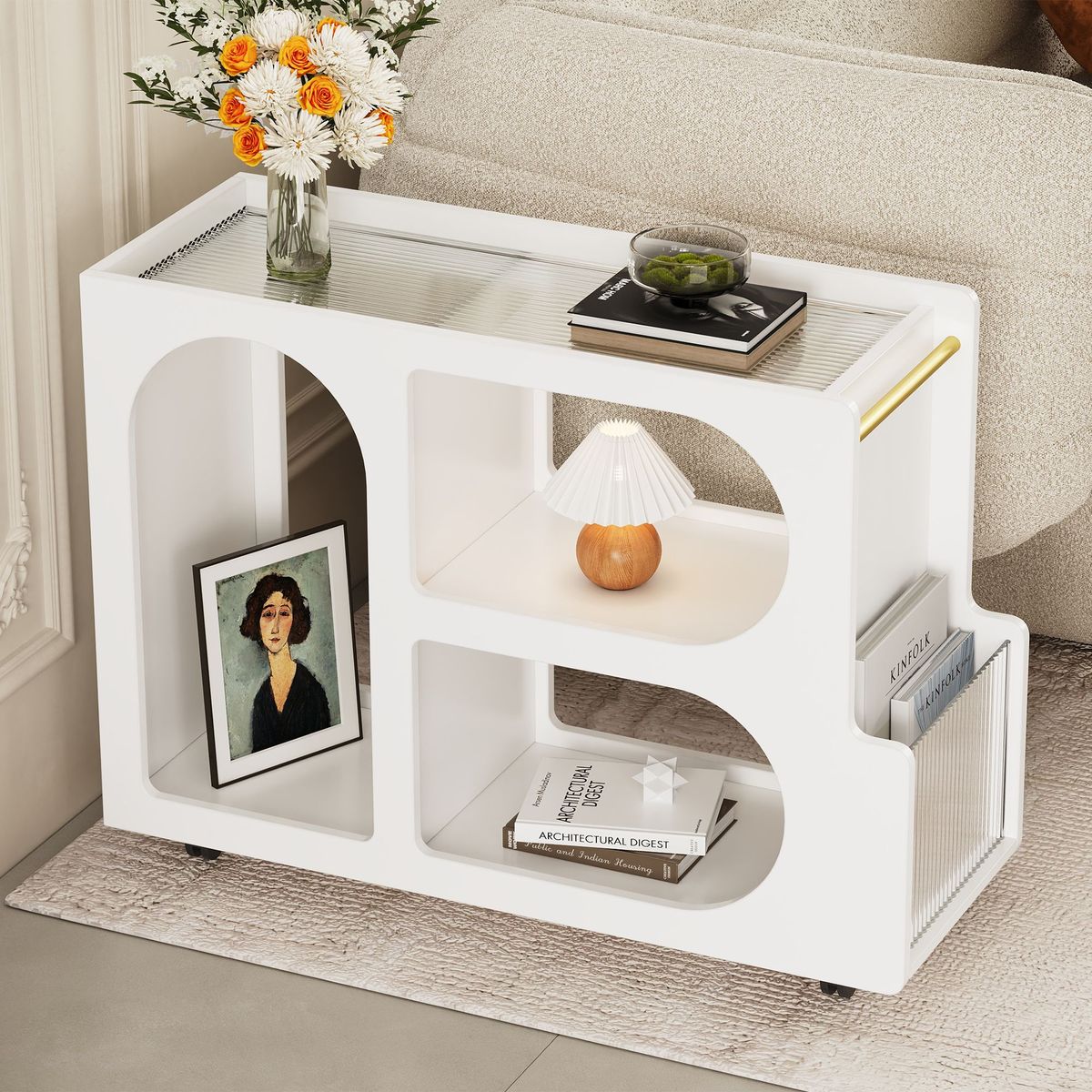 Mobile End Table With Lockable Wheels, Narrow Coffee Table With 5mm Thick Fluted Tempered Glass, Modern Nightstand With Golden Round Rod, Living Room, 31.5''W X11.8''D X 23.1''H_maomaolike.com