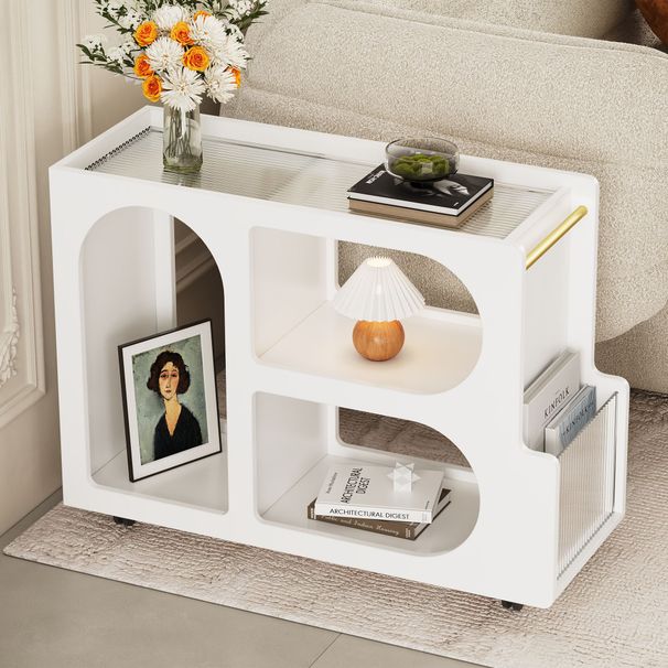 Mobile End Table With Lockable Wheels, Narrow Coffee Table With 5mm Thick Fluted Tempered Glass, Modern Nightstand With Golden Round Rod, Living Room, 31.5''W X11.8''D X 23.1''H_maomaolike.com