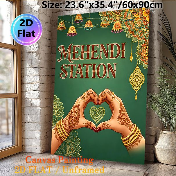 Mehendi Station Painting Poster, Vibrant Traditional Indian Style Poster, Intricate Henna Hands Heart Gesture With Ornate Golden Decor, Brings_maomaolike.com