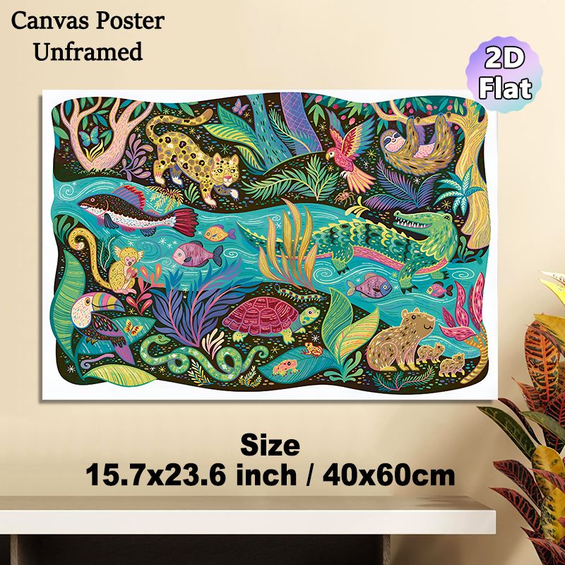 Tropical Rainforest Wildlife Painting Poster, Vibrant Colorful Playful Jungle Animal Scene Poster, Richly Illustrated Decor Piece Suitable For Home_maomaolike.com