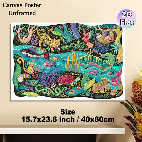 Tropical Rainforest Wildlife Painting Poster, Vibrant Colorful Playful Jungle Animal Scene Poster, Richly Illustrated Decor Piece Suitable For Home_maomaolike.com