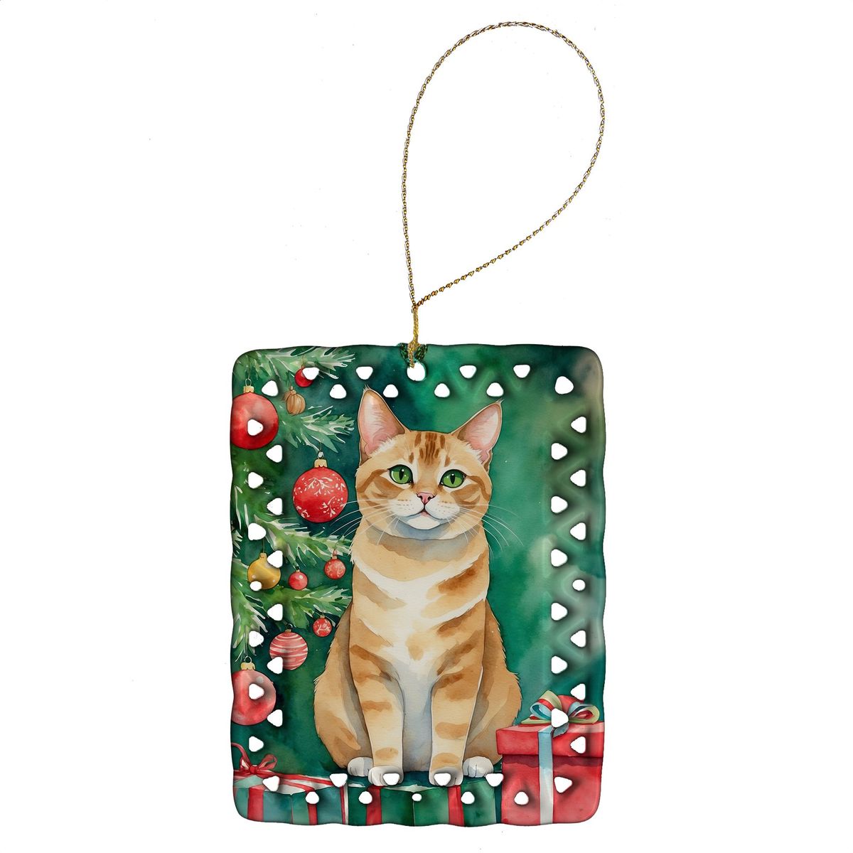 Malayan Cat By The Christmas Tree Porcelain Ornament Christmas Tree Hanging Decorations For Home Christmas Holiday, Rectangle, Gift, Multicolor_maomaolike.com