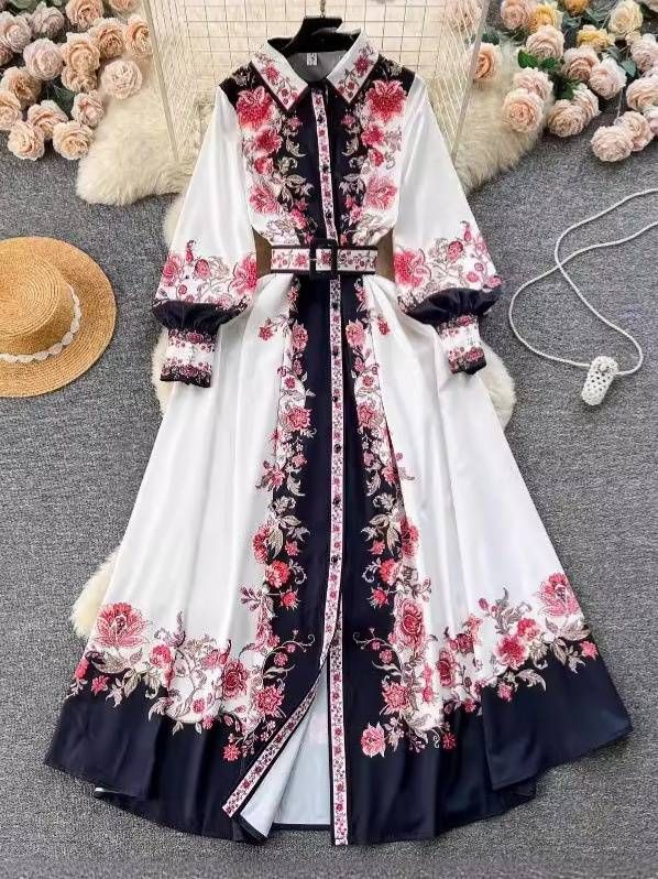 Women's Clothing color matching print slim long puff sleeve temperament dress spring dress _maomaolike.com