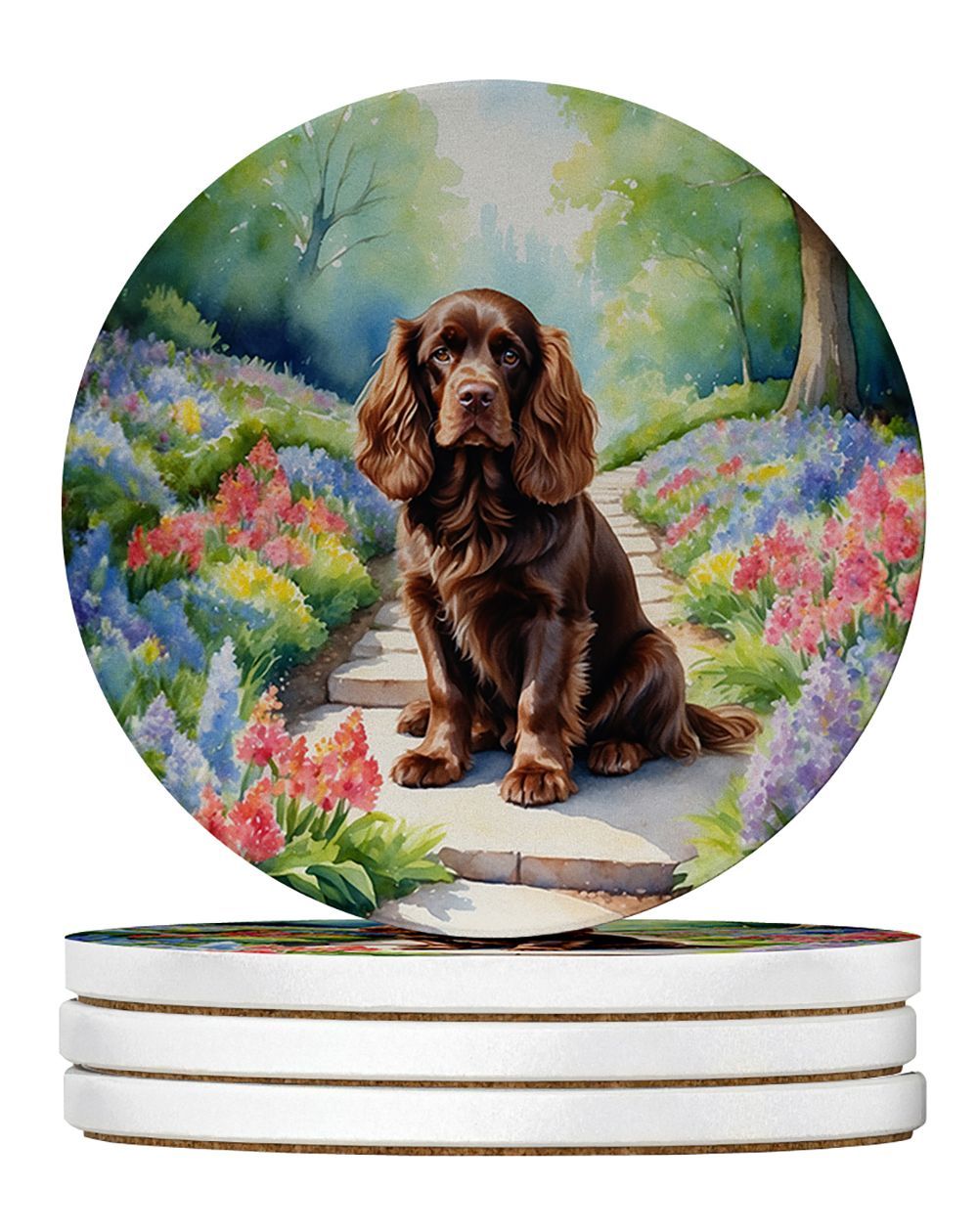 Sussex Spaniel Spring Path Large Sandstone Coasters Pack Of 4 Absorbent Round Coasters Decor Gifts For Men Or Women, 4 In, Multicolor_maomaolike.com