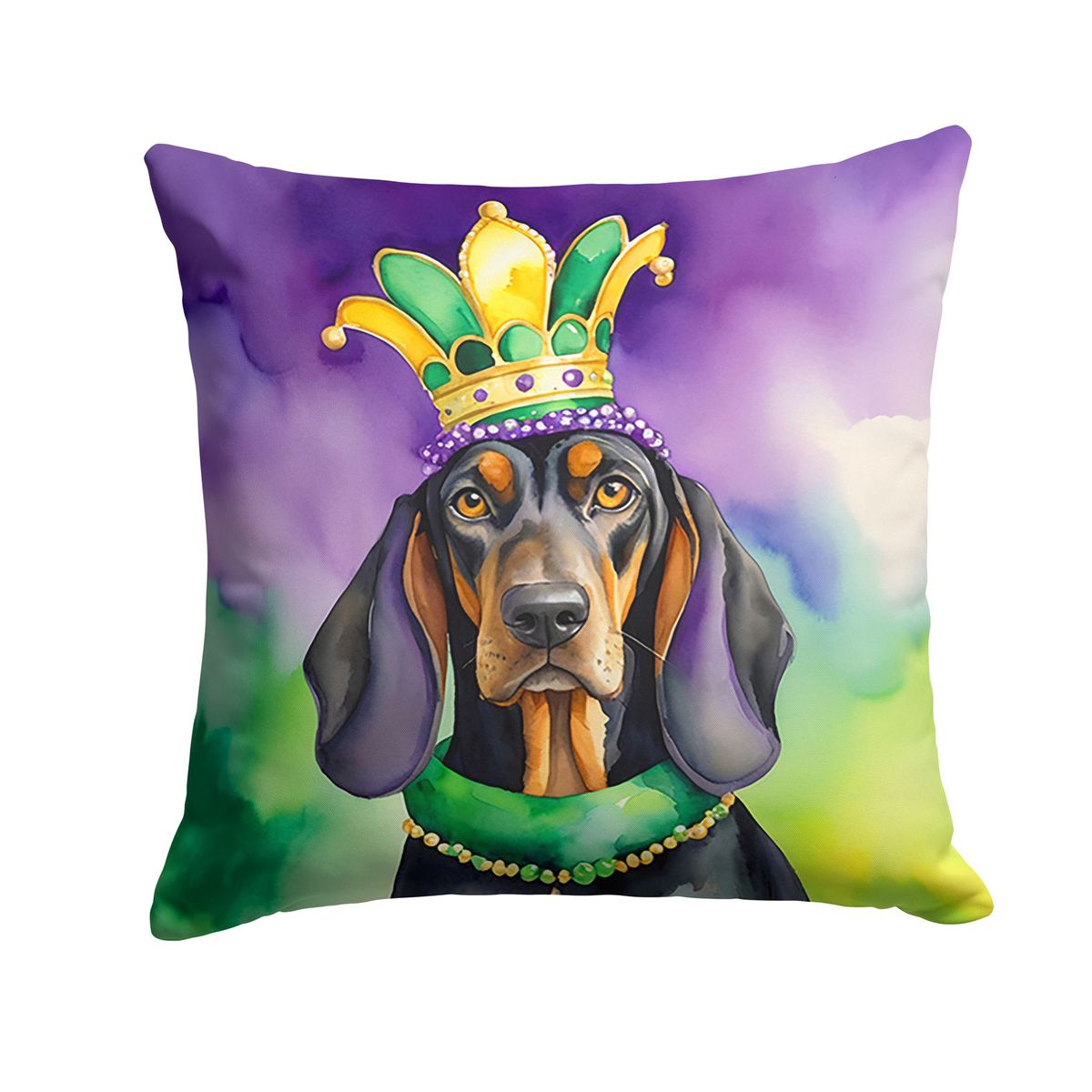 Black And Tan Coonhound King Of Mardi Gras Throw Pillow Machine Washable, Indoor Outdoor Decorative Pillow For Couch, Bed Or Patio, 18Hx18W_maomaolike.com