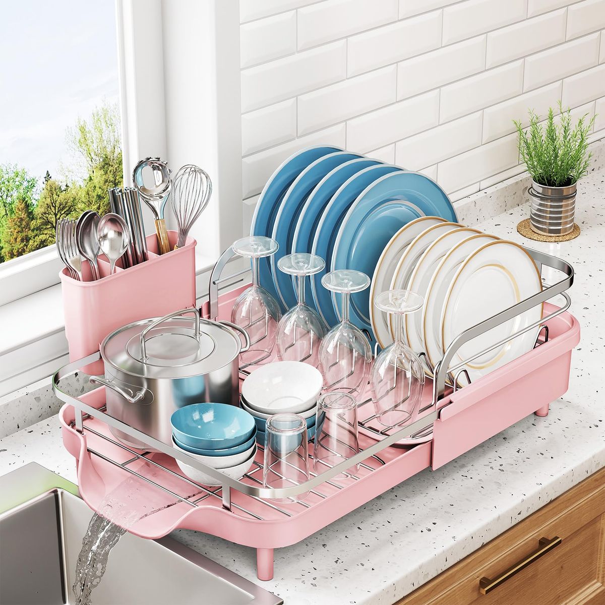 SNTD Expandable Dish Drying Rack For Kitchen Counter, 15.2-22.1 In, Black_maomaolike.com