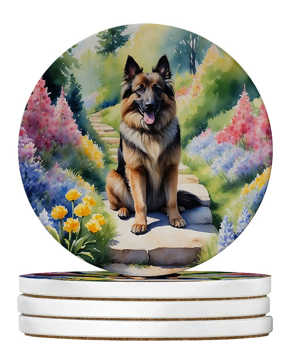 Belgian Tervuren Spring Path Large Sandstone Coasters Pack Of 4 Absorbent Round Coasters Decor Gifts For Men Or Women, 4 In, Multicolor_maomaolike.com