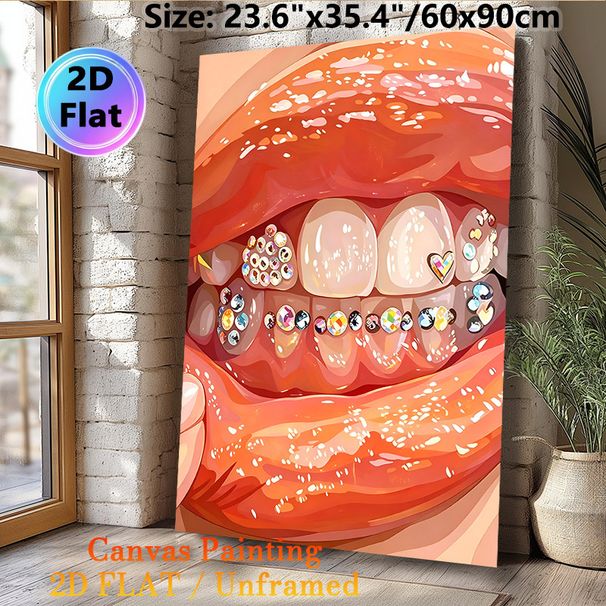 Jeweled Teeth & Glossy Lips Painting Poster, Vibrant Stylized Sparkling Mouth Poster, Eye-catching Decorative Artwork Ideal For Bedroom, Vanity Space_maomaolike.com