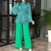 Women's clothing fashion pleated temperament puff sleeve shirt high waist wide leg pants suit_maomaolike.com
