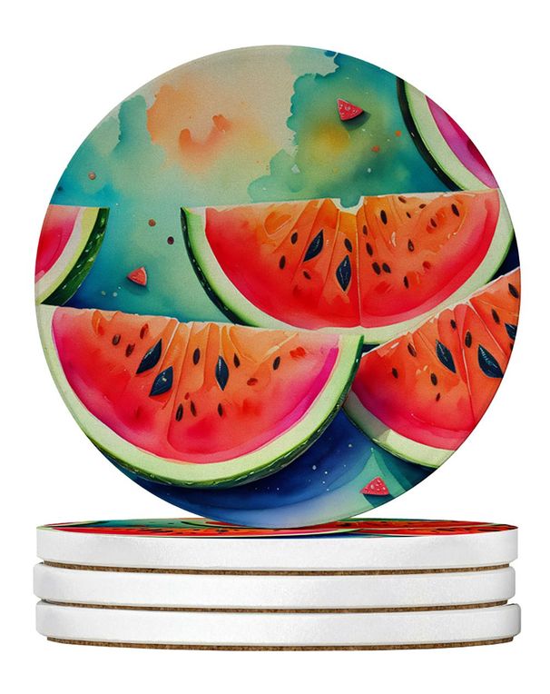 Colorful Watermelons Large Sandstone Coasters Pack Of 4 Absorbent Round Coasters Decor Gifts For Men Or Women, 4 In, Multicolor_maomaolike.com