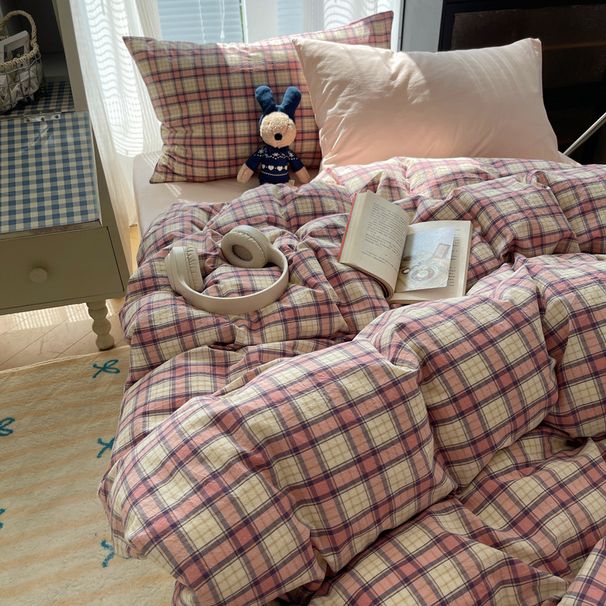 Wholesale INS Japanese Mixed Color Pure All-Cotton Simple Nordic Style Washed Cotton Plaid Four-Piece Set_maomaolike.com