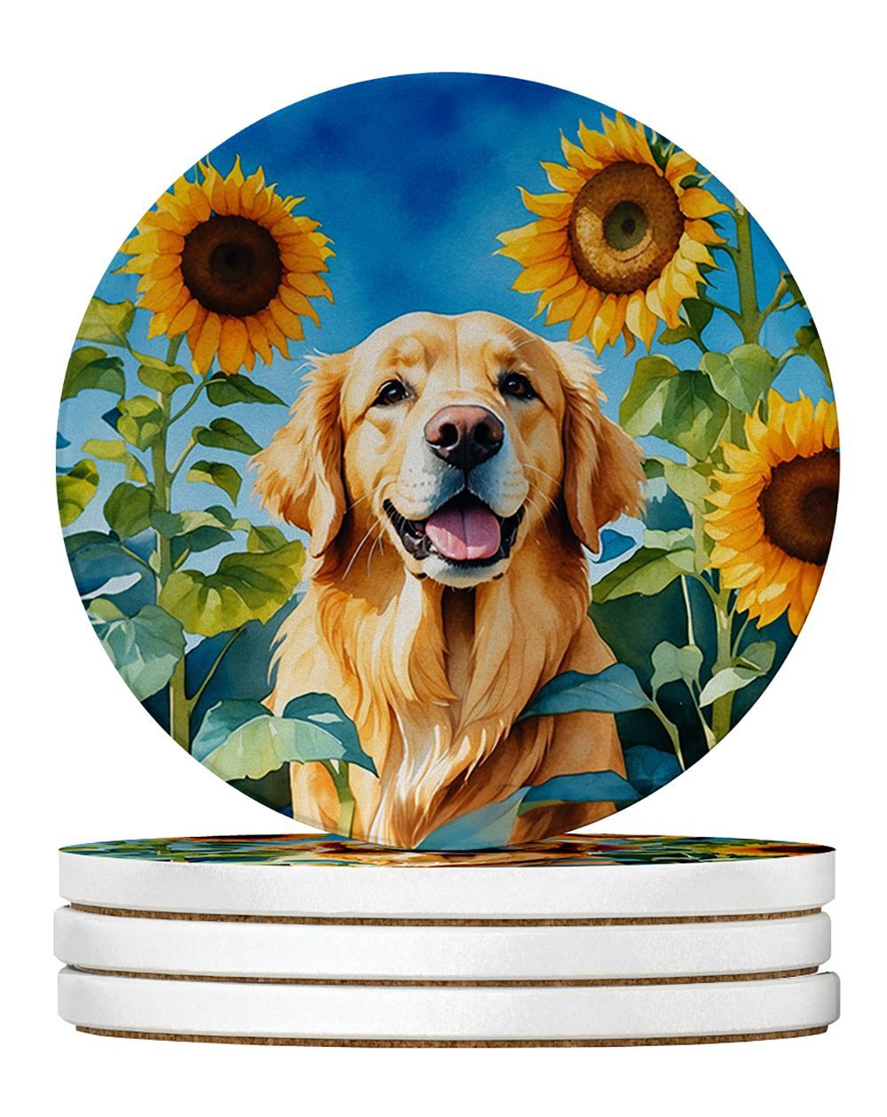 Golden Retriever In Sunflowers Large Sandstone Coasters Pack Of 4 Absorbent Round Coasters Decor Gifts For Men Or Women, 4 In, Multicolor_maomaolike.com