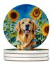 Golden Retriever In Sunflowers Large Sandstone Coasters Pack Of 4 Absorbent Round Coasters Decor Gifts For Men Or Women, 4 In, Multicolor_maomaolike.com