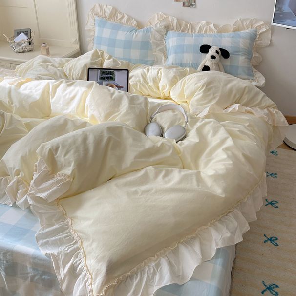 Wholesale INS Korean Style Princess Simple Pure Four-Piece Full Ruched Ruffle Edge Washed Cotton 4-Piece Set_maomaolike.com
