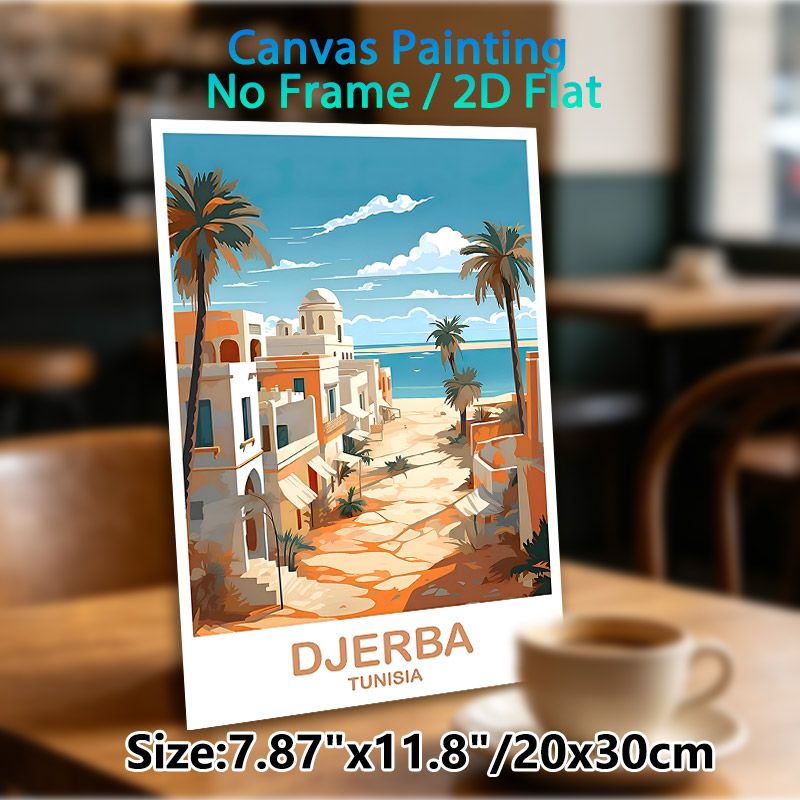 Djerba Tunisia Coastal Town Painting Poster, Bright Mediterranean Style Illustration Poster, Warm Coastal Town View Decor Ideal For Living Room_maomaolike.com