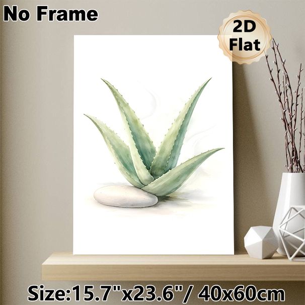 Aloe Vera Painting Poster, Soft Watercolor Style Aloe With Smooth Stone Poster, Fresh Natural Vibe, Ideal For Bedroom, Living Room And Bathroom_maomaolike.com