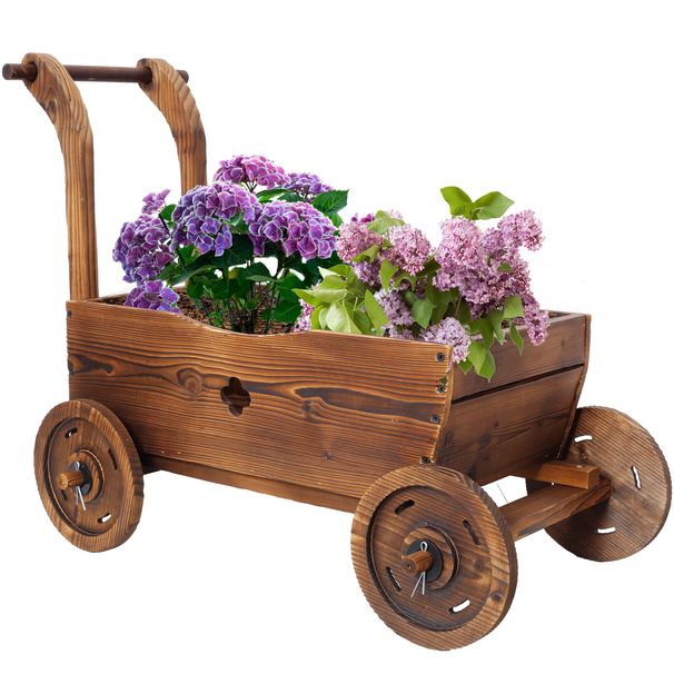 Wooden Wagon Planter Box, Mobile Garden Planter With 4 Wheels, Handle, Drain Hole, Decorative Flower Planter For Indoor & Outdoor Decor, Wooden Flower Cart For Patio, Garden, Balcony, Brown_maomaolike.com