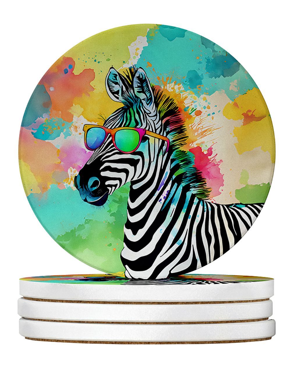 Hippie Animal Zebra Large Sandstone Coasters Pack Of 4 Absorbent Round Coasters Decor Gifts For Men Or Women, 4 In, Multicolor_maomaolike.com