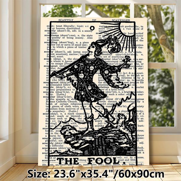 The Fool Tarot Card Painting Poster, Vintage Dictionary Page Style Poster, Black Line Art Tarot Figure With Sun Detail, Ideal For Home, Office And_maomaolike.com