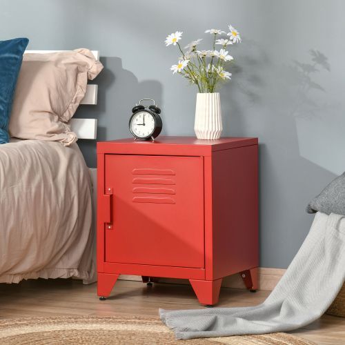 Industrial End Table, Living Room Side Table With Locker-Style Door And Adjustable Shelf, Red_maomaolike.com