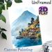 Lake Village Volcano Themed Painting Poster, Soft Watercolor Style Serene Lakeside Village & Volcano View Poster, Tranquil Natural Scenery Decor For_maomaolike.com