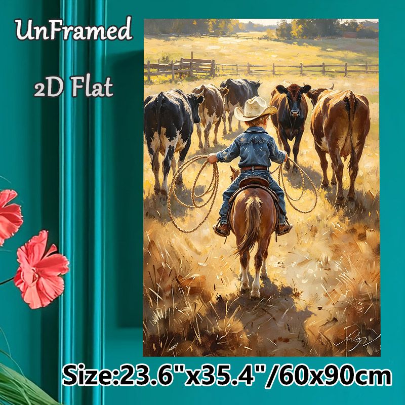 Ranch Cowboy Herding Cattle Painting Poster, Warm-toned Rustic Oil Painting Style Poster, Vivid Pastoral Scene, Ideal For Living Room & Farmhouse_maomaolike.com