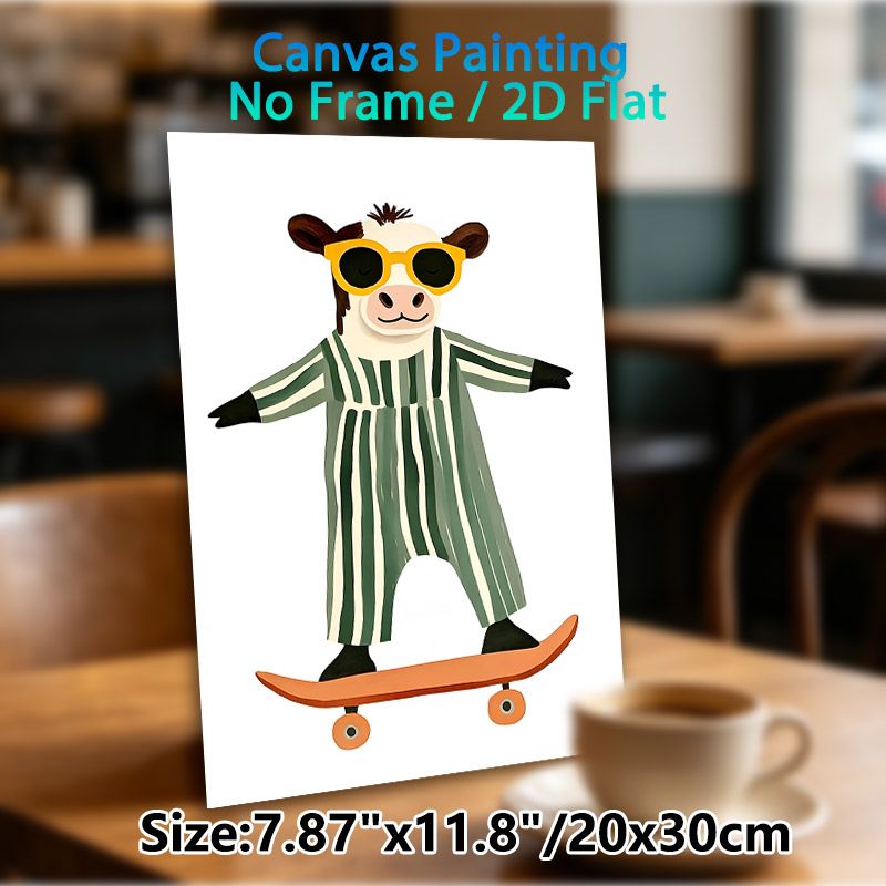 Skateboarding Cow Painting Poster, Cute Cartoon Style Poster, Whimsical Design Featuring Cow In Striped Overalls With Sunglasses On Skateboard, Ideal_maomaolike.com