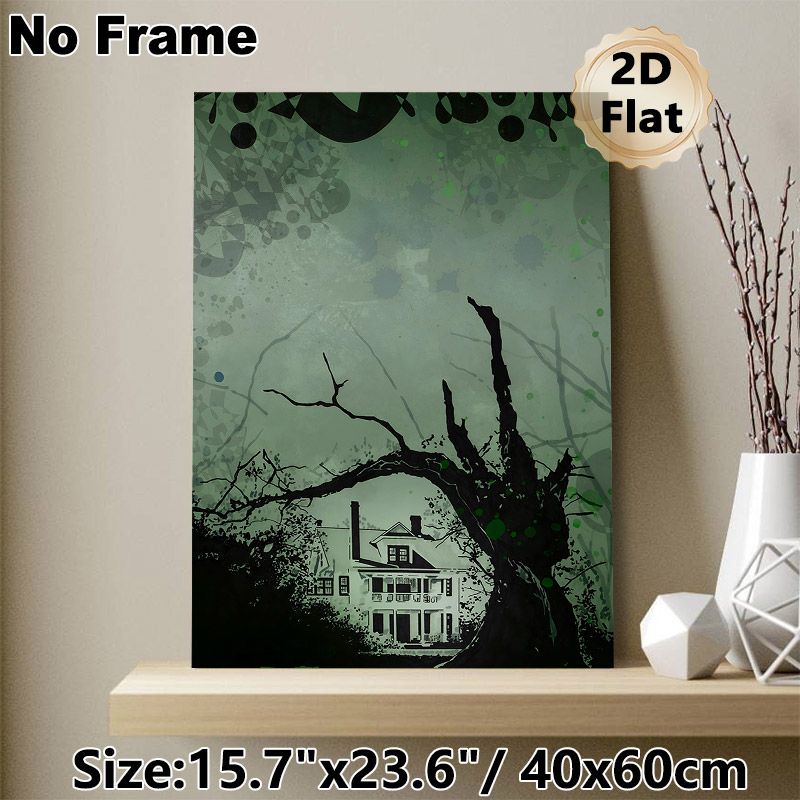 Haunted House Themed Painting Poster, Gloomy Green-toned Spooky Silhouette Poster, Eerie Atmospheric Decor Suitable For Home And Halloween Gatherings_maomaolike.com