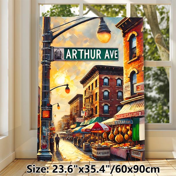 Arthur Ave City Street Painting Poster, Warm-toned Impressionist-style Urban Street Scene Poster, Vibrant Downtown Market View Ideal For Living Room_maomaolike.com