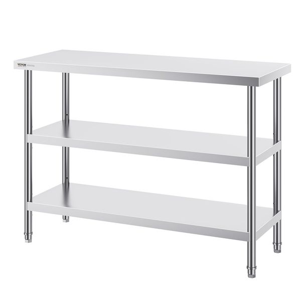 VEVOR Stainless Steel Food Prep Table, 18 X 48 X 34 Inch Commercial Kitchen Worktable, With 2 Adjustable Undershelf, Heavy Duty Prep Table Metal Work Table For BBQ, Kitchen, Home, And Garage_maomaolike.com