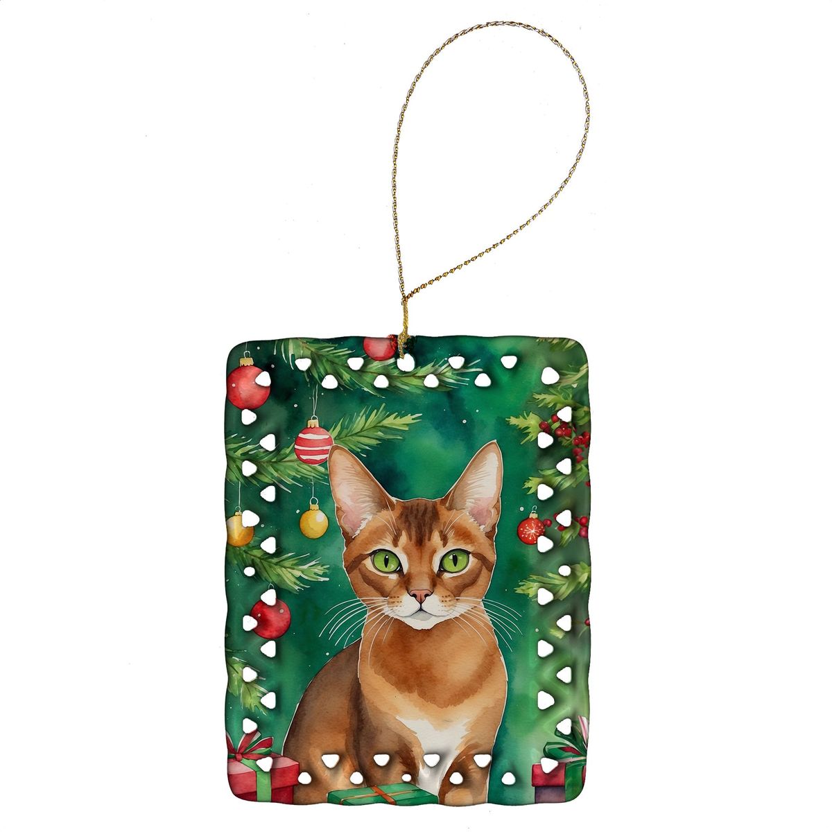 Abyssinian Cat By The Christmas Tree Porcelain Ornament Christmas Tree Hanging Decorations For Home Christmas Holiday, Rectangle, Gift, Multicolor_maomaolike.com