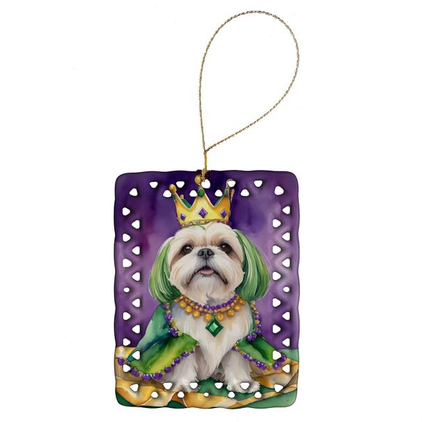 Lhasa Apso King Of Mardi Gras Porcelain Ornament Christmas Tree Hanging Decorations For Home Christmas Holiday, Rectangle, Gift, Multicolor_maomaolike.com
