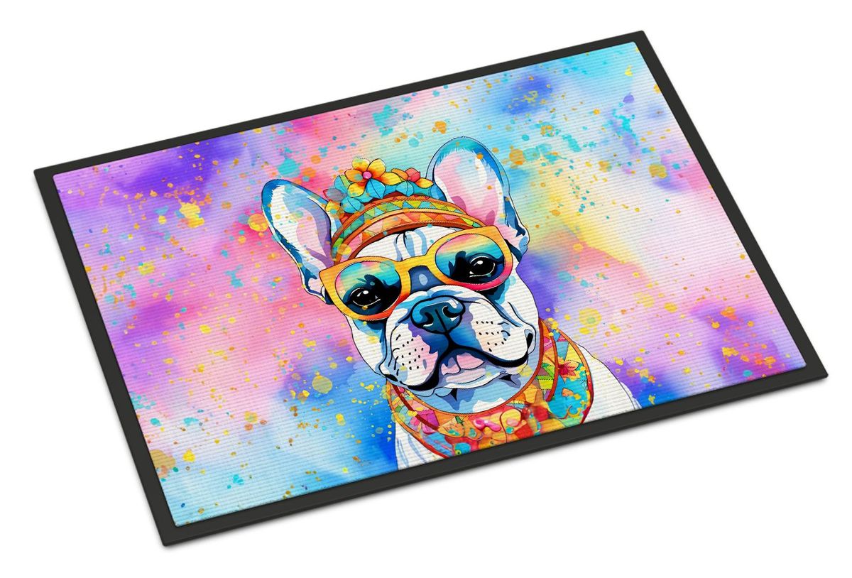 French Bulldog Hippie Dawg Doormat Front Door Mat Indoor Outdoor Rugs For Entryway, Non Slip Washable Low Pile, 24H X 36W_maomaolike.com