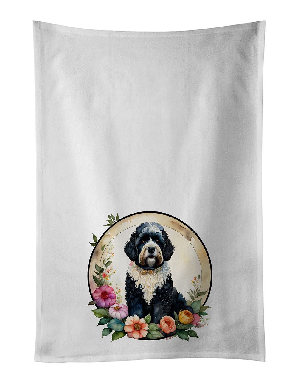 Portuguese Water Dog And Flowers Kitchen Towel Set Of 2 White Dish Towels Decorative Bathroom Hand Towel For Hand, Face, Hair, Yoga, Tea, Dishcloth, 19 X 28", White_maomaolike.com