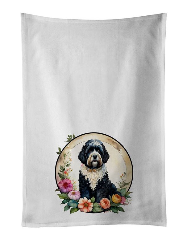 Portuguese Water Dog And Flowers Kitchen Towel Set Of 2 White Dish Towels Decorative Bathroom Hand Towel For Hand, Face, Hair, Yoga, Tea, Dishcloth, 19 X 28", White_maomaolike.com