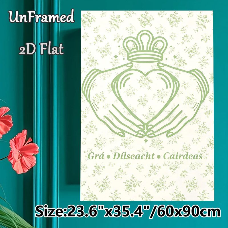 Claddagh Themed Painting Poster, Soft Green Minimal Line Art Floral Pattern Poster, Conveys Love, Loyalty And Friendship, Ideal For Living Room_maomaolike.com