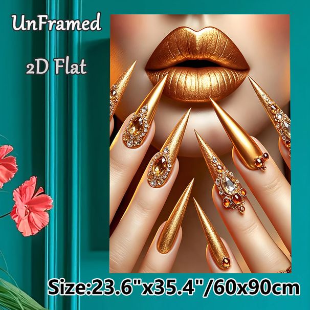 Golden Glam Lips & Stiletto Nails Painting Poster, Luxurious Shimmering Metallic Golden Design Poster, Eye-catching Glamorous Decor Ideal For Beauty_maomaolike.com