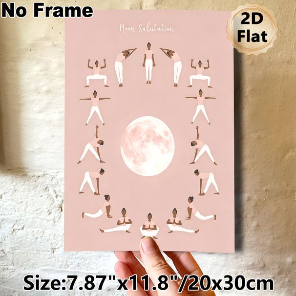Moon Salutation Yoga Painting Poster, Soft-toned Minimalist Yoga Poses With Full Moon Poster, Guides Moon Salutation Practice, Ideal For Yoga Studio_maomaolike.com
