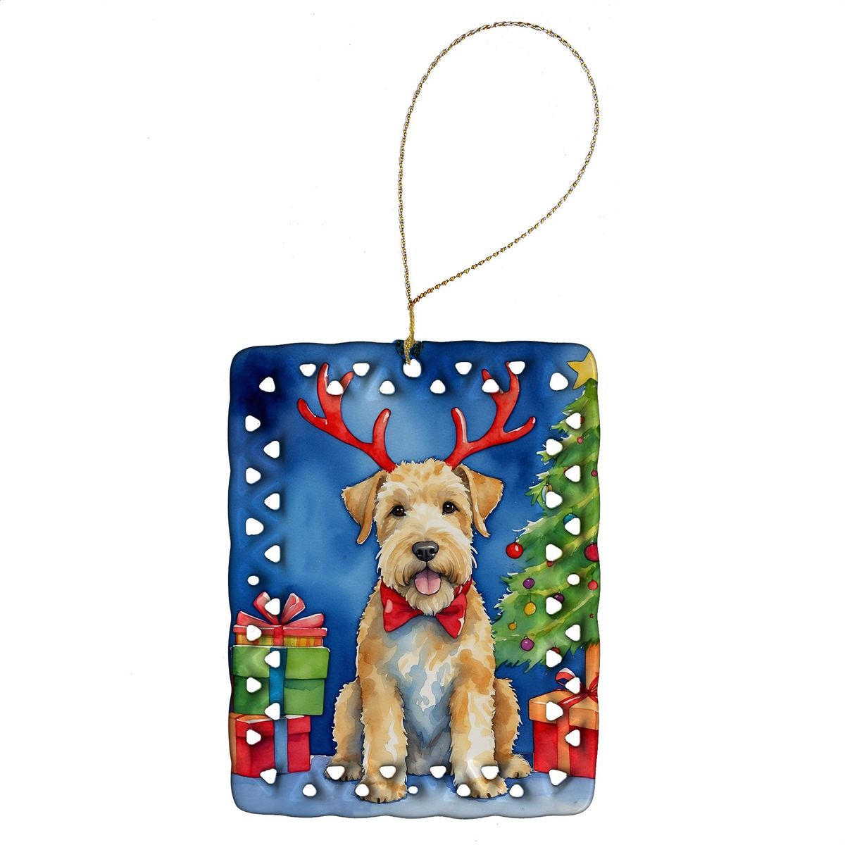 Wheaten Terrier Christmas Reindeer Porcelain Ornament Christmas Tree Hanging Decorations For Home Christmas Holiday, Rectangle, Gift, Multicolor_maomaolike.com