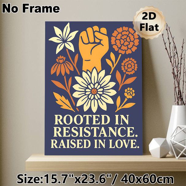 Resistance & Love Themed Painting Poster, Warm-toned Vintage Floral & Raised Fist Graphic Poster, Inspirational Quote Print For Home, Office Wall_maomaolike.com