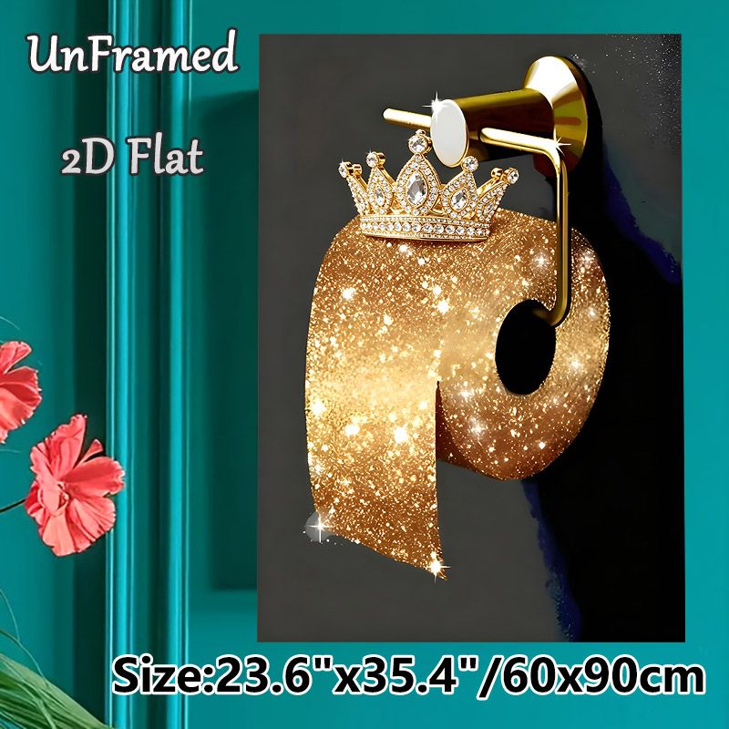 Crown-adorned Glittery Toilet Paper Painting Poster, Sparkly Glamorous Gold Glitter Poster, Whimsical Elegant Design Adds Chic Touch For Bathroom Wall_maomaolike.com