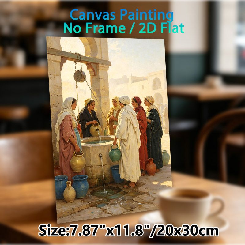 Middle Eastern Women At The Well Painting Poster, Warm-toned Realistic Oil Style Poster, Captivating Traditional Daily Life Decor Idea For Living_maomaolike.com