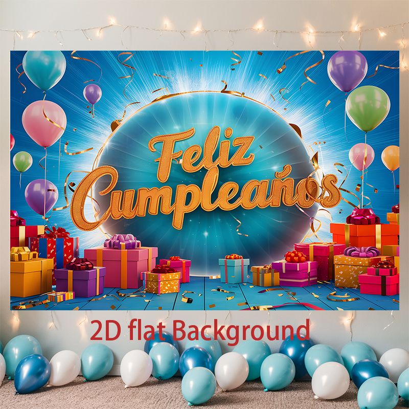 Spanish Happy Birthday Party Banner - Feliz Cumpleaños Design, 2D Flat Polyester Backdrop With Balloons, Gifts, Photo Props, Party Decor_maomaolike.com